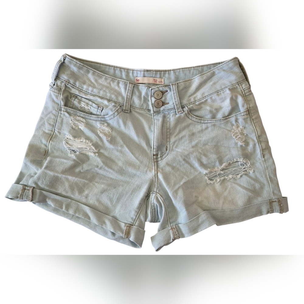 SO Low Rise Midi Light Blue Distressed Denim Shorts